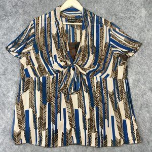 Lane Bryant Top 22 24 3X Career Casual Short Sleeve Arrow Feather Print Tie Neck